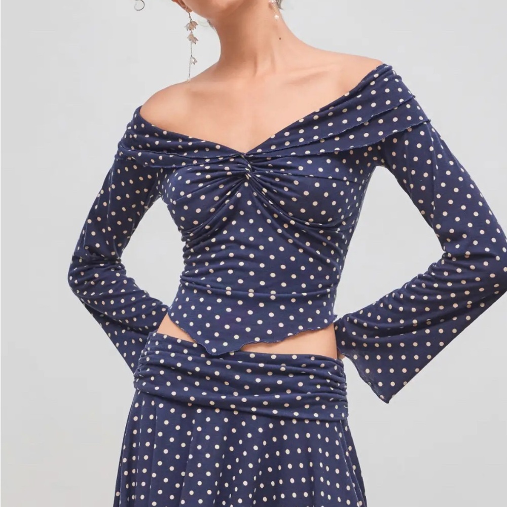Navy Polka Dot Off-Shoulder Top